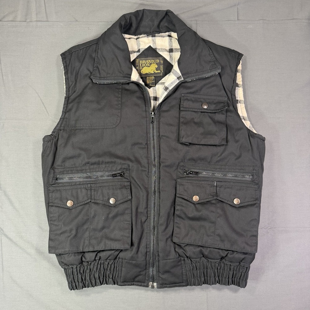 Branded Lion Black Quilted Tactical Vest L Plaid Flannel Lining Utility 90s